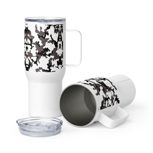 Snow Camo Travel mug with a handle