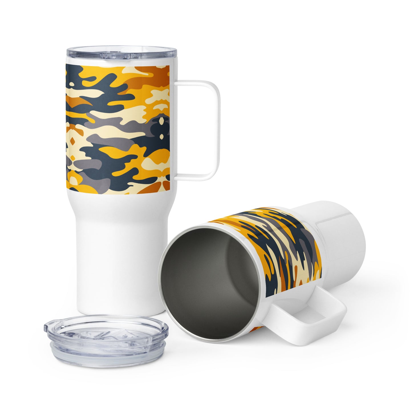 Yellow Camo Travel mug with a handle