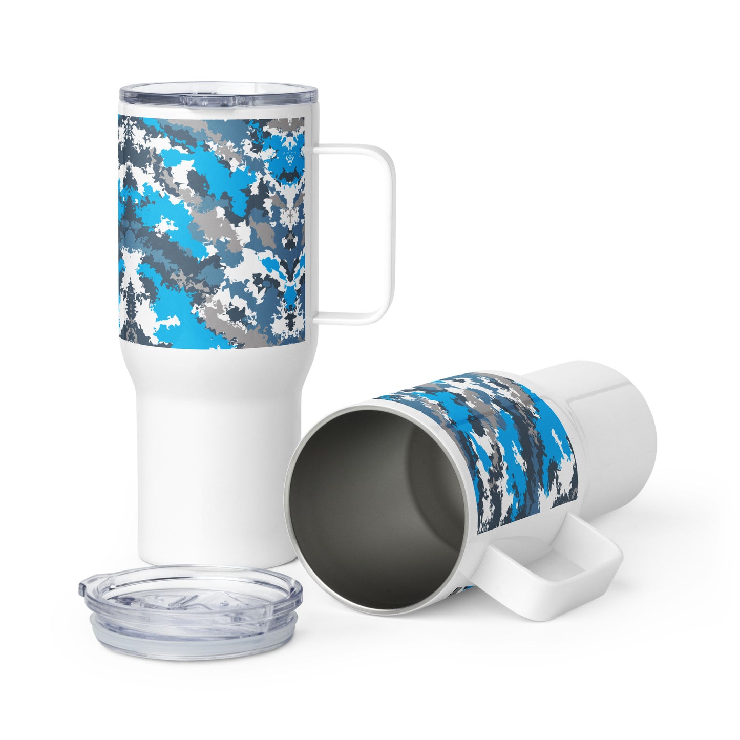 Blue Camo Travel mug with a handle