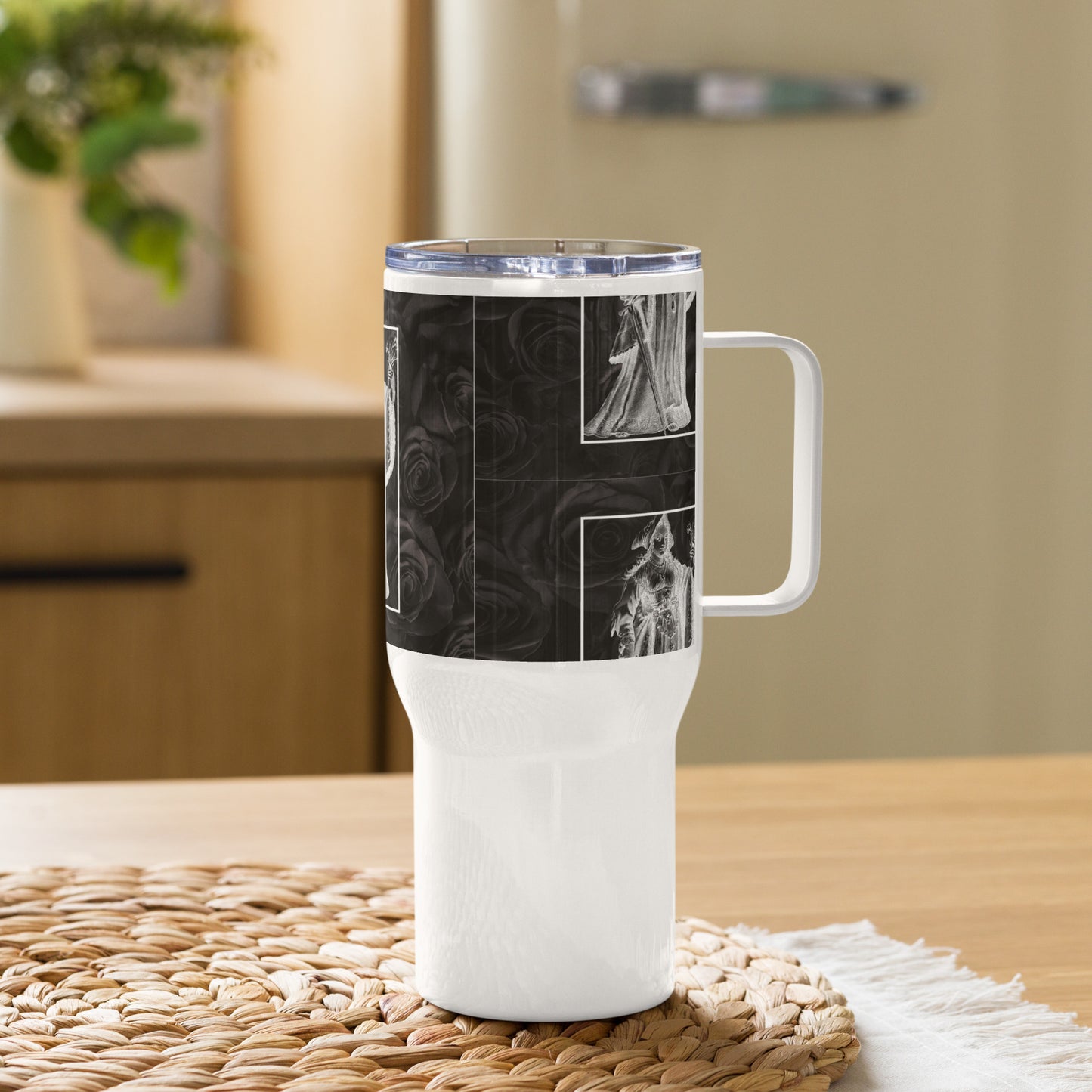 Black Rose travel mug with a handle